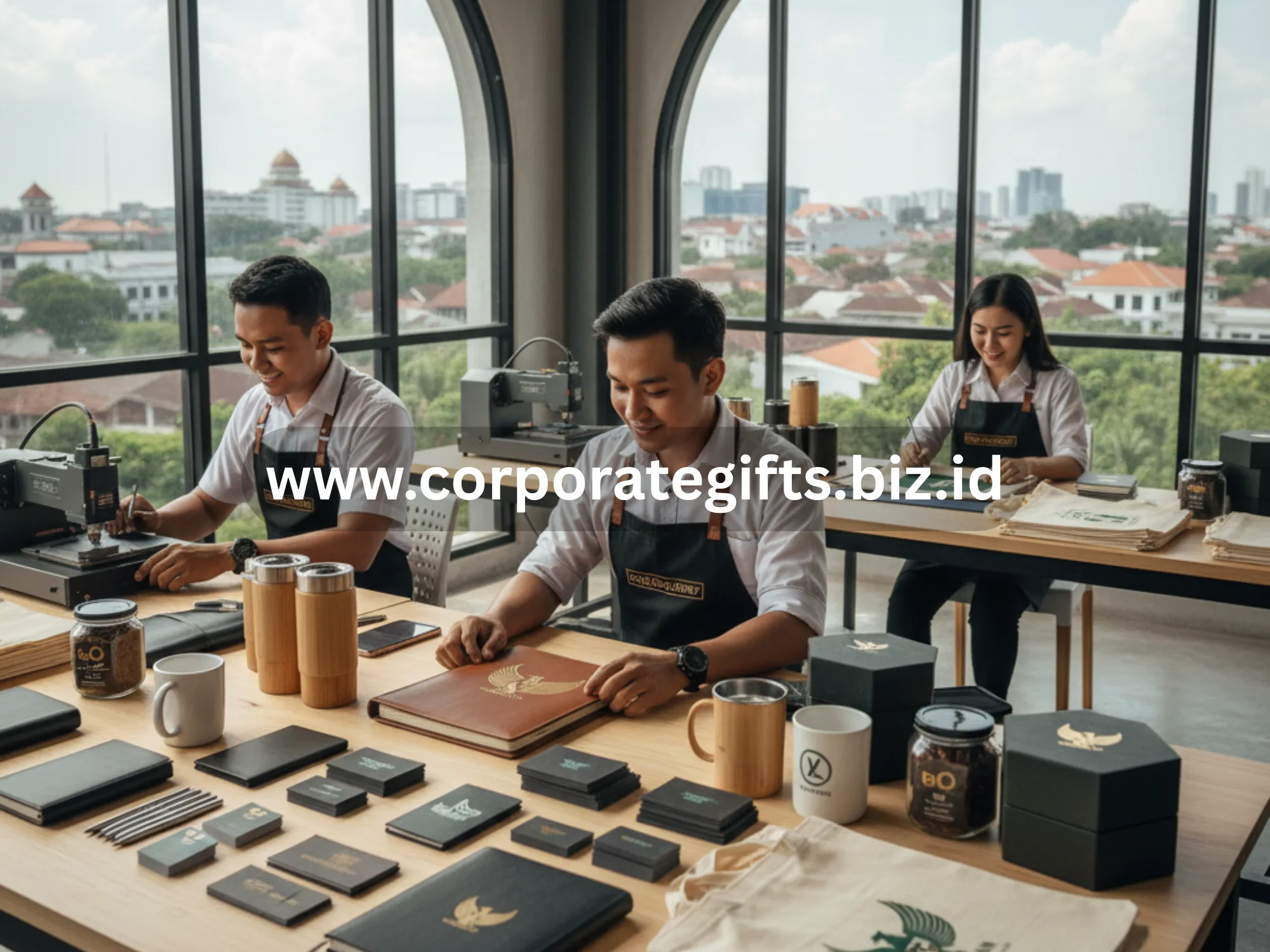 pekerja sedang mencetak logo perusahaan pada produk souvenir